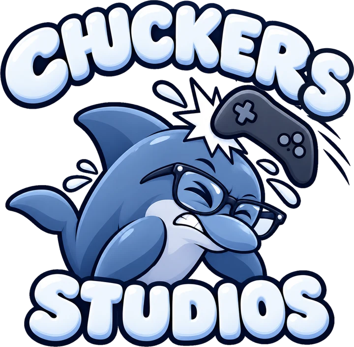 Chuckers, a blue dolphin in glasses, getting bonked on the head by a game controller